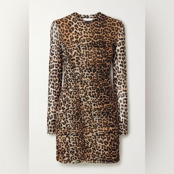 GANNI Ruched Leopard-print Stretch-mesh Mini Dress - Picture 6 of 11
